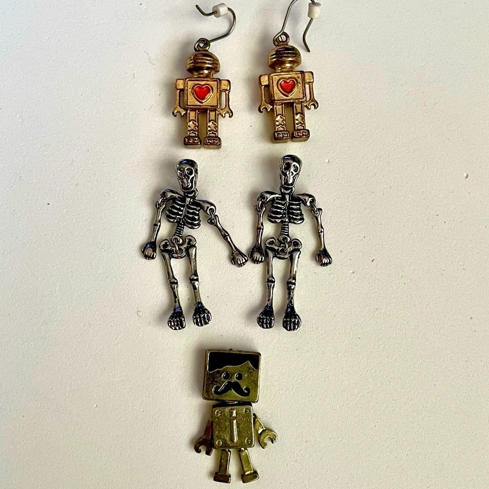 Bunble of Gold and Silver Robot and Skeleton Earrings